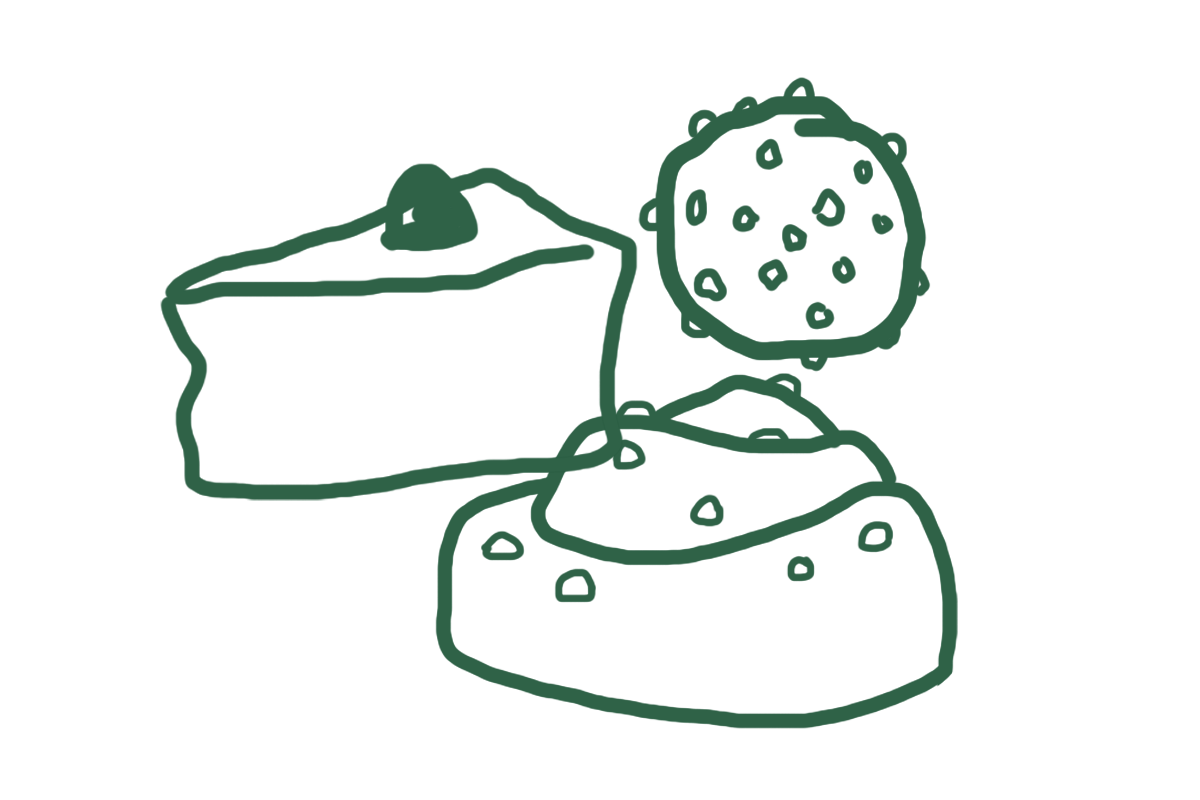 Illustration på bulle, tårta och chokladboll