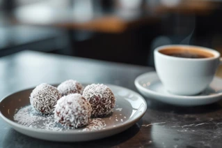 Bild på chokladbollar och en kopp kaffe